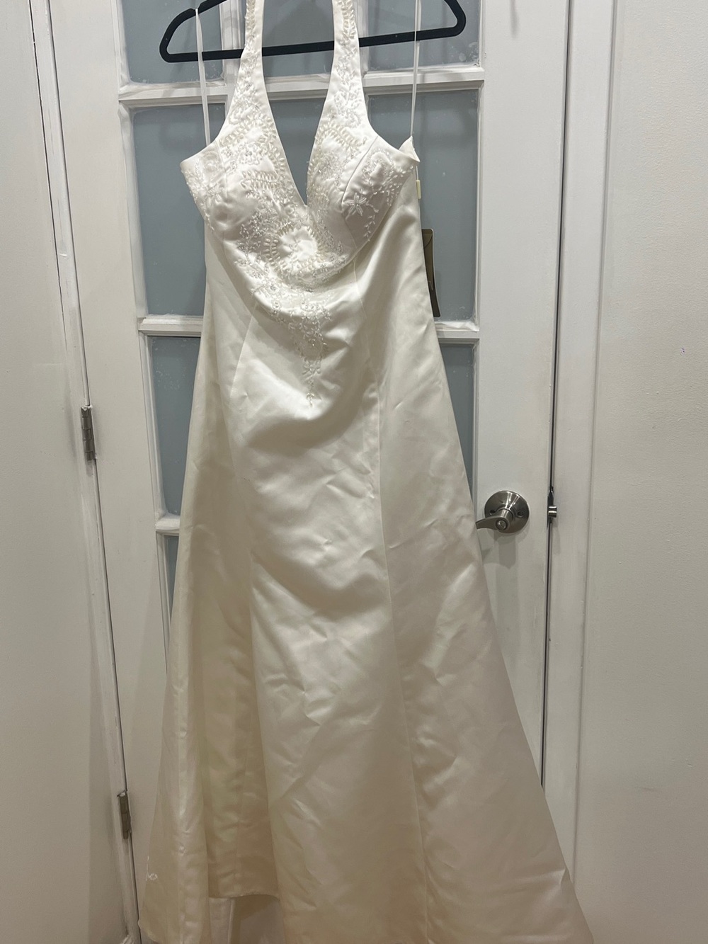 Ivory Satin Halter Wedding Dress with Beaded Bodice